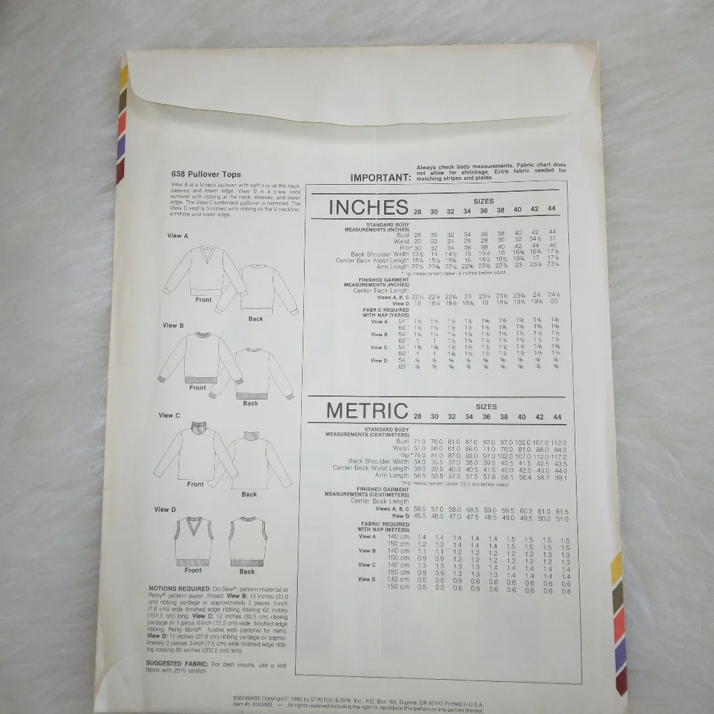 STRETCH & SEW 638 Pullover Tops Bust 28